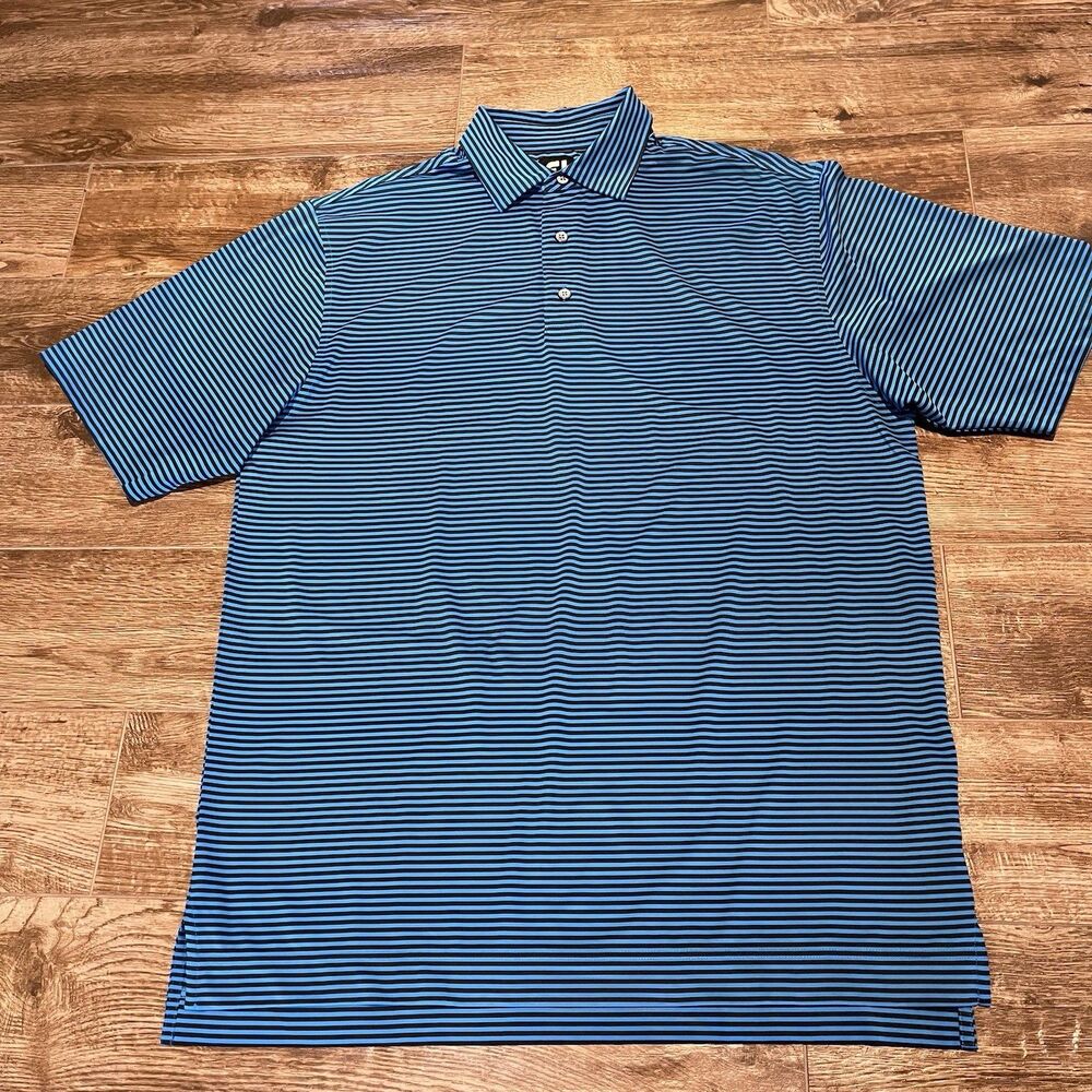 Footjoy Golf Polo Shirt Mens Size Large Blue Black Stripes Short Sleeve Athletic